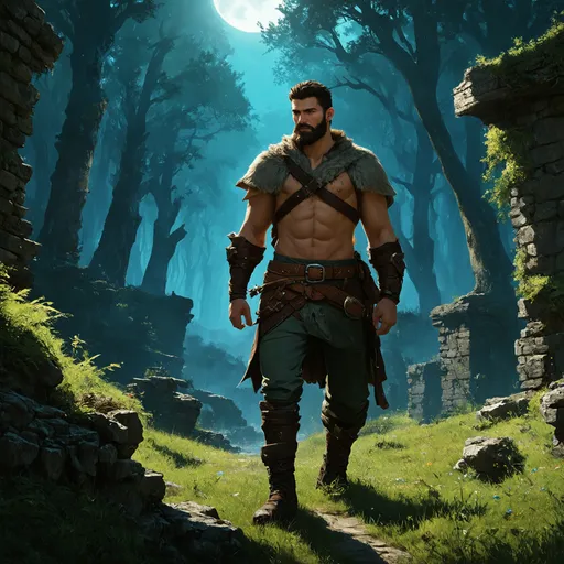 Prompt: (Full body) very hairy-chested male ranger with a short hair and beard, belt and pants, no shirt on, exploring ruins in a forest at night, pathfinder, d&d setting, in a digital art style