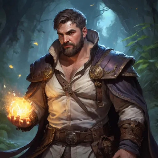 Prompt: Male stocky large fat cleric with short-cut hair and beard, open shirt hairy chest, in combat casting a magic-ray out of hands in nature at night, pathfinder, d&d setting, in a realistic high quality digital art style, enhanced shadow quality, colorful