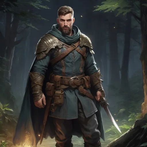 Prompt: Male stocky heavy-set mature fantasy-ranger with short-cut hair and beard, outside of fantasy forest at night, pathfinder, d&d setting, in a realistic high quality digital art style, enhanced shadow quality