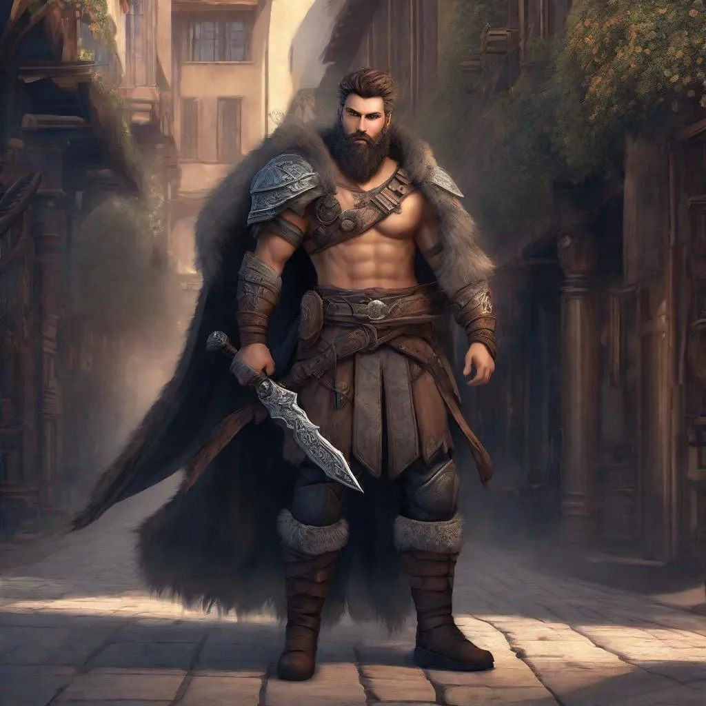Prompt: (Full-body) A handsome large hairy male fantasy warrior with short hair and short beard, hairy chest visible, holding a fantasy weapon, dark fantasy street, matte shaded illustration, realistic digital art
