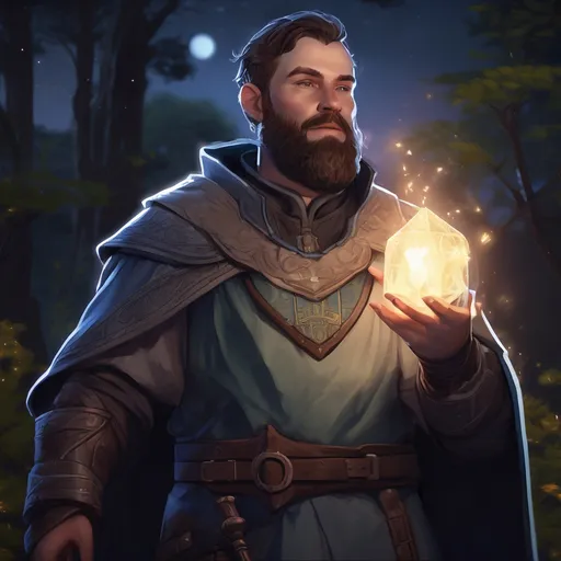 Prompt: (Full body) male magical stocky cleric with short hair and beard, in nature at night, pathfinder, d&d setting, in a realistic digital art style