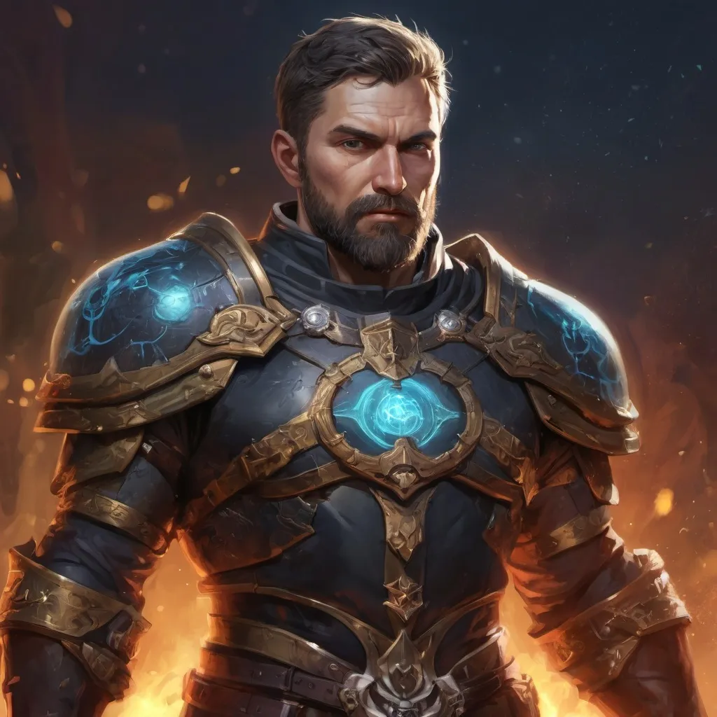 Prompt: (Torso) Male stocky large mature holy-paladin with short-cut hair and beard, exploring a dark dimention, surrounded by bright magic, pathfinder, d&d setting, in a realistic high quality digital art style, enhanced shadow quality, colorful