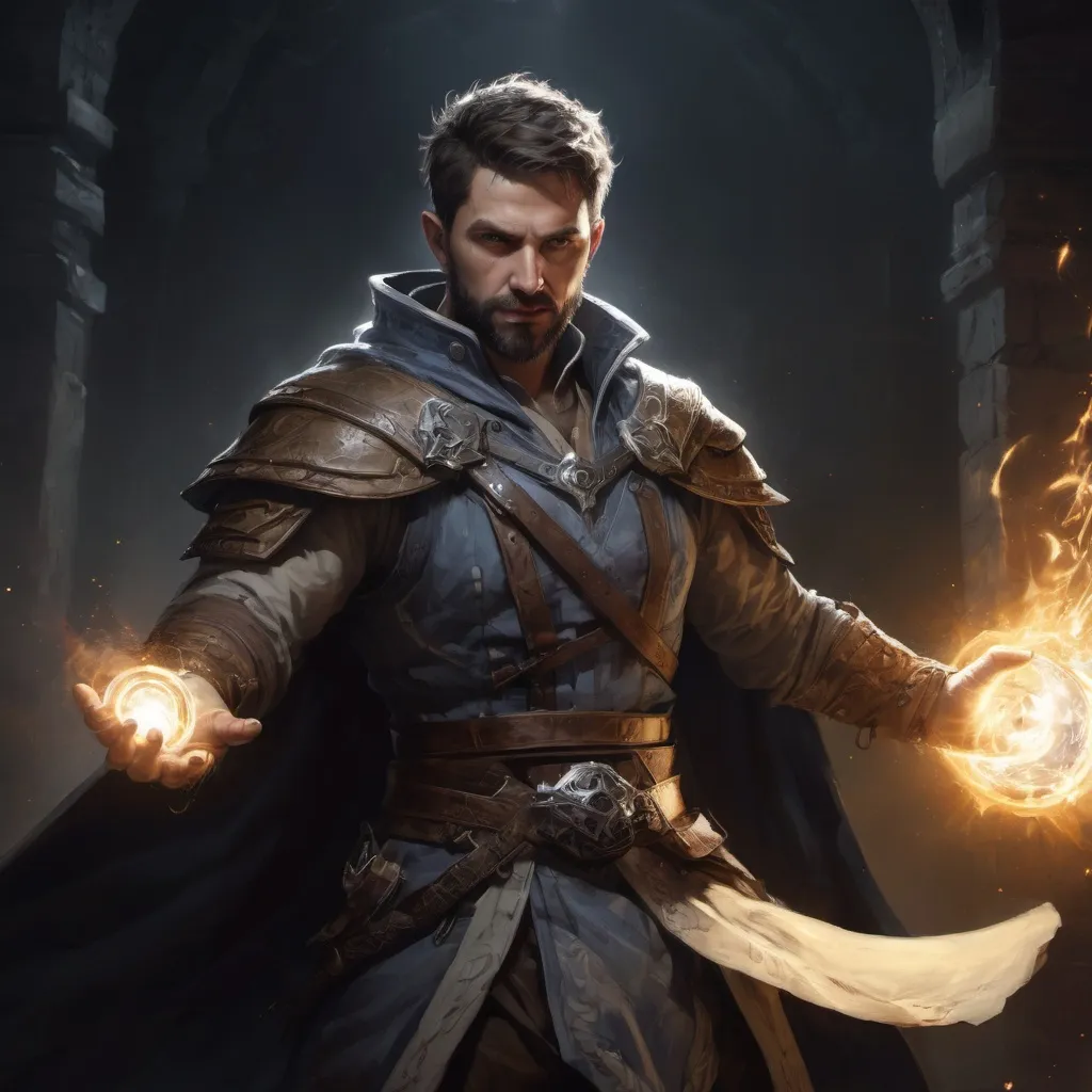 Prompt: Male stocky large battle-mage with short-cut hair and beard, engaged in combat casting a white-light spell inside of a dark dungeon, pathfinder, d&d setting, realistic enhanced shadow quality, colorful