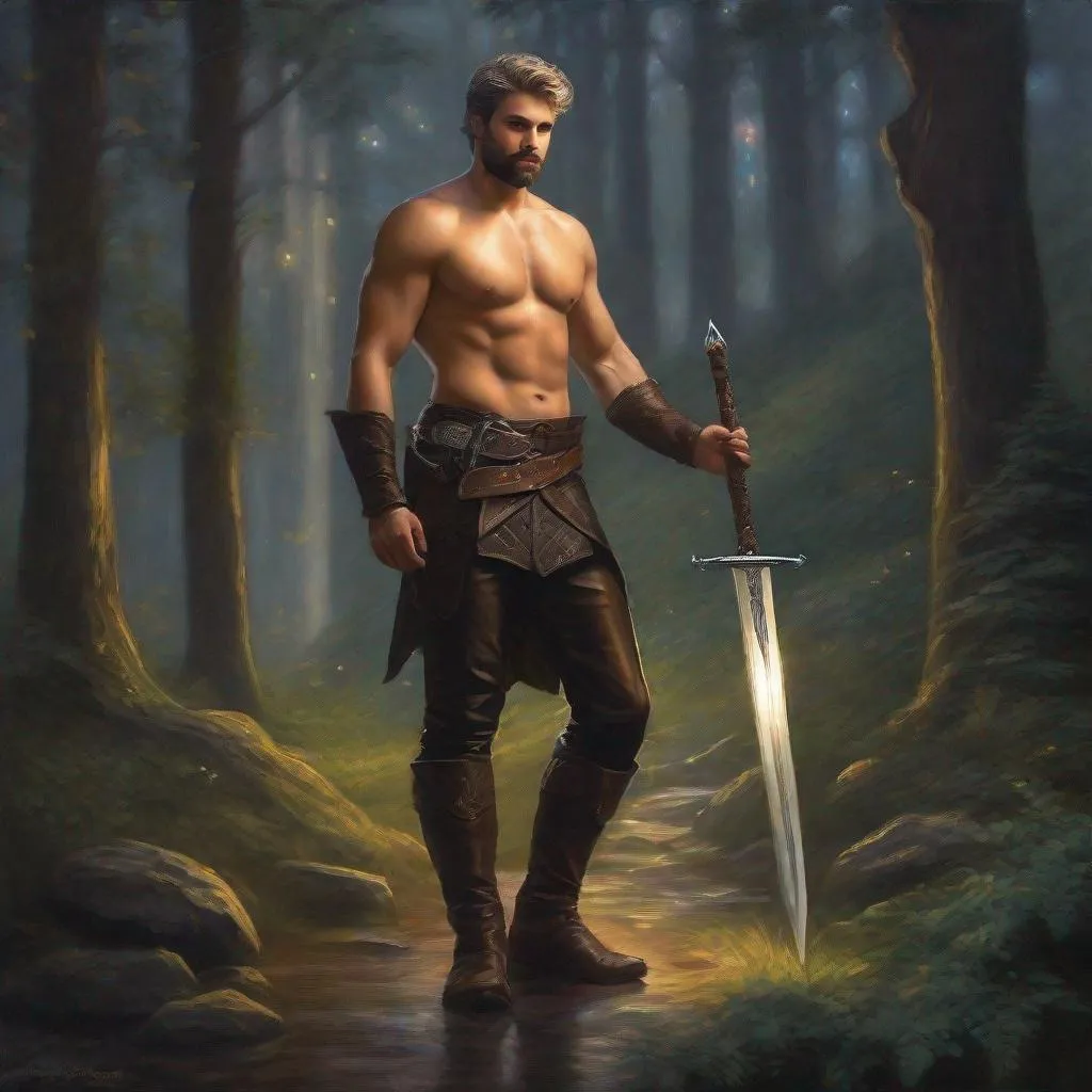 Prompt: (Full body) a fuzzy hairy-chested gay fighter with short beard  grey short-cut hair no shirt on, belt, boots, leather pants, holding a sword, standing in a forest glade at night, fantasy setting, dungeons & dragons, in a painted style realistic art