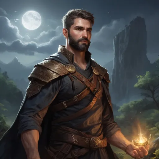 Prompt: (head and torso) Male heavy-set fit 30-year old hunky druid with short-cut hair and beard, holding magic-spell, in a windy nature at night, pathfinder, d&d setting, enhanced shadow quality