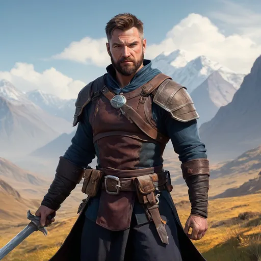 Prompt: Male heavy-set fit fat large 37-year old hunky rogue-warrior with short-cut hair and beard, holding magic fantasy-weapon, on a windy mountain field, pathfinder, d&d setting, enhanced shadow quality