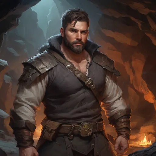 Prompt: Male stocky heavy-built warrior with short-cut hair and beard, open shirt hairy chest, big belly, inside a cavern dungeon at night, pathfinder, d&d setting, in a realistic high quality digital art style, enhanced shadow quality