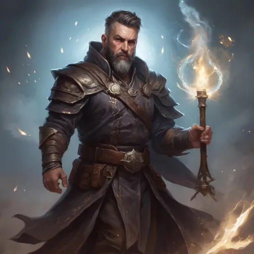 Prompt: Male stocky large mature fit sorcerer with short-cut hair and beard, engaged in combat casting a magical spell in a dark room, pathfinder, d&d setting, realistic high quality, enhanced shadow quality