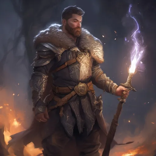 Prompt: (Full body) male stocky druid with short-cut hair and beard, in leather armor, casting a swirly nature-spell, in nature at night pathfinder, d&d setting, in a realistic digital art style