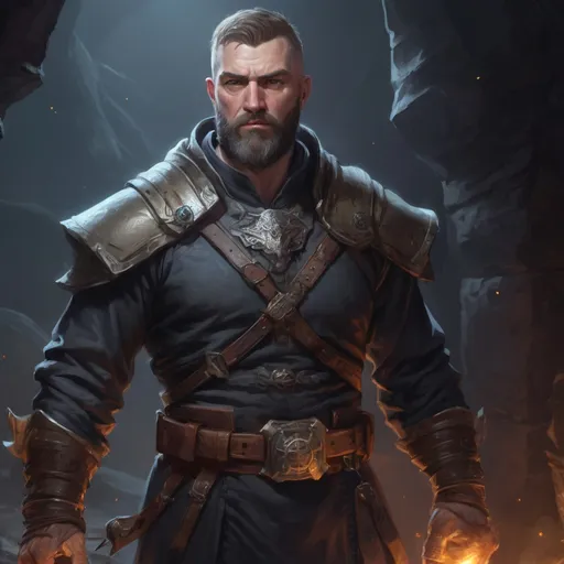 Prompt: Male stocky large mature irish fighter with short-cut hair and beard, exploring a dark astral dungeon, pathfinder, d&d setting, in a realistic high quality digital art style, enhanced shadow quality, colorful