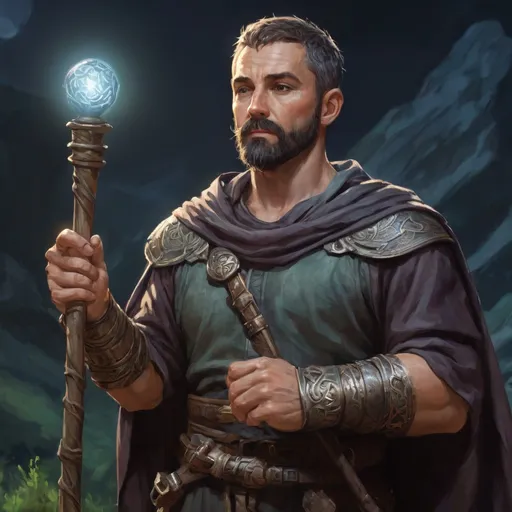 Prompt: (head and torso) Male stocky fit 37-year old handsome archdruid with short-cut hair and beard, holding magic-staff, in a valley at night, pathfinder, d&d setting, enhanced shadow quality