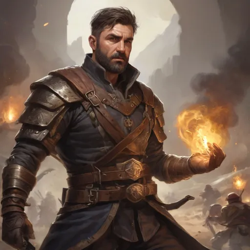Prompt: Male stocky heavy-set mature illutionist with short-cut hair and beard, on a battlefield, in combat, casting a brown-spell, pathfinder, d&d setting, enhanced shadow quality, realistic