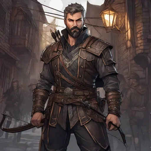 Prompt: (Full body) handsome skald glowing eyes with short cut hair with grey streaks short beard, manly face, leather shirt, holding a crossbow, pathfinder, dungeons and dragons, in a dark back street, in a painted style, realistic
