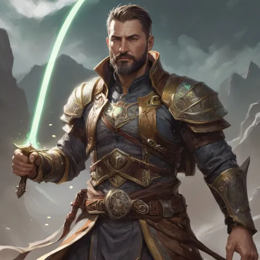 Prompt: (torso) Male stocky large fit 37-year old eidolon-summoner with short-cut hair and beard, casting a magic-ray out of hands in a windy path, pathfinder, d&d setting, in a realistic high quality digital art style, enhanced shadow quality, colorful