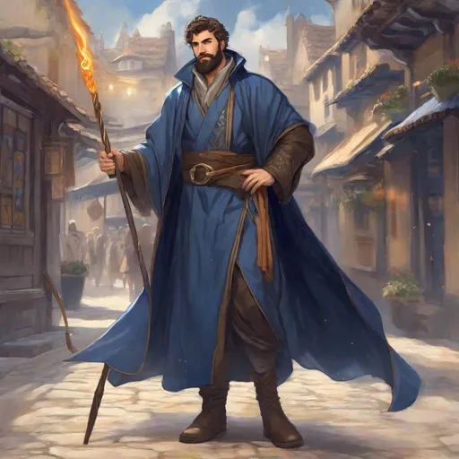 Prompt: (Full-body) a handsome large hairy male mage with short hair and short beard, staff emitting weak light in one hand, light swirl in other hand, wearing dark-blue robe with details, visible chest hair, brown cloak, boots, street in a town, in a shaded painted style