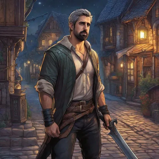 Prompt: (Full body) A male short-haired thief looks like aaron rodgers with open shirt hairy chest and short beard grey-striped hair, glowing magic, fantasy weapon, shirt with details, manly, pathfinder, dungeons and dragons fantasy setting, night time in a town street, in a painted style, realistic