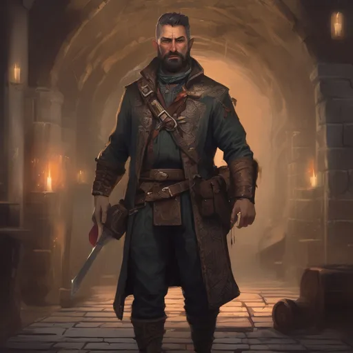 Prompt: (Full body) male stocky middle-aged magical artificer with black short-cut hair and beard, in a dark underground, pathfinder, d&d setting, in a realistic digital art style