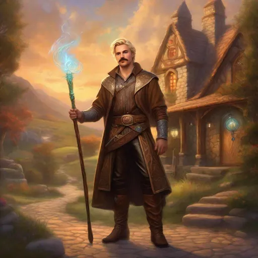 Prompt: (Full body) a male druid with mustache and stubble short-cut blonde hair, handsome manly face, belt, boots, leather pants, holding magical staff, swirly lights, standing outside of a small town, fantasy setting, dungeons & dragons, in a painted style realistic art