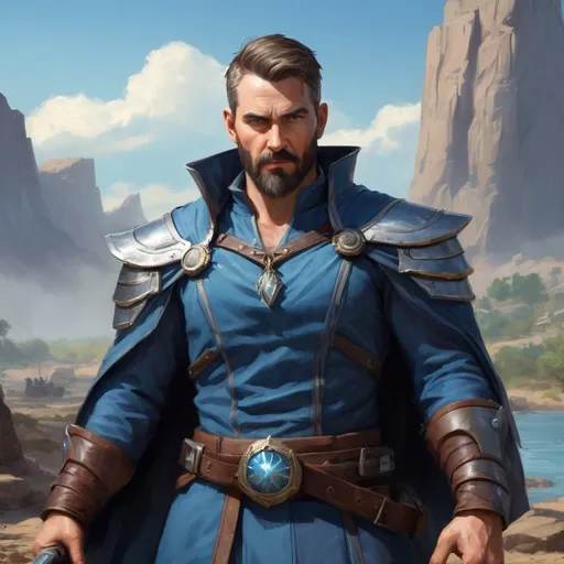 Prompt: Male stocky heavy-set mature illutionist with short-cut hair and beard, on a battlefield, in combat, casting a azure-spell, pathfinder, d&d setting, realistic high quality, enhanced shadow quality