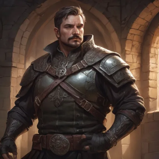 Prompt: (Full body) male stocky masculine manly fat guard with short hair and mustache, hairy chest, in a dark castle, pathfinder, d&d setting, in a realistic high quality digital art style