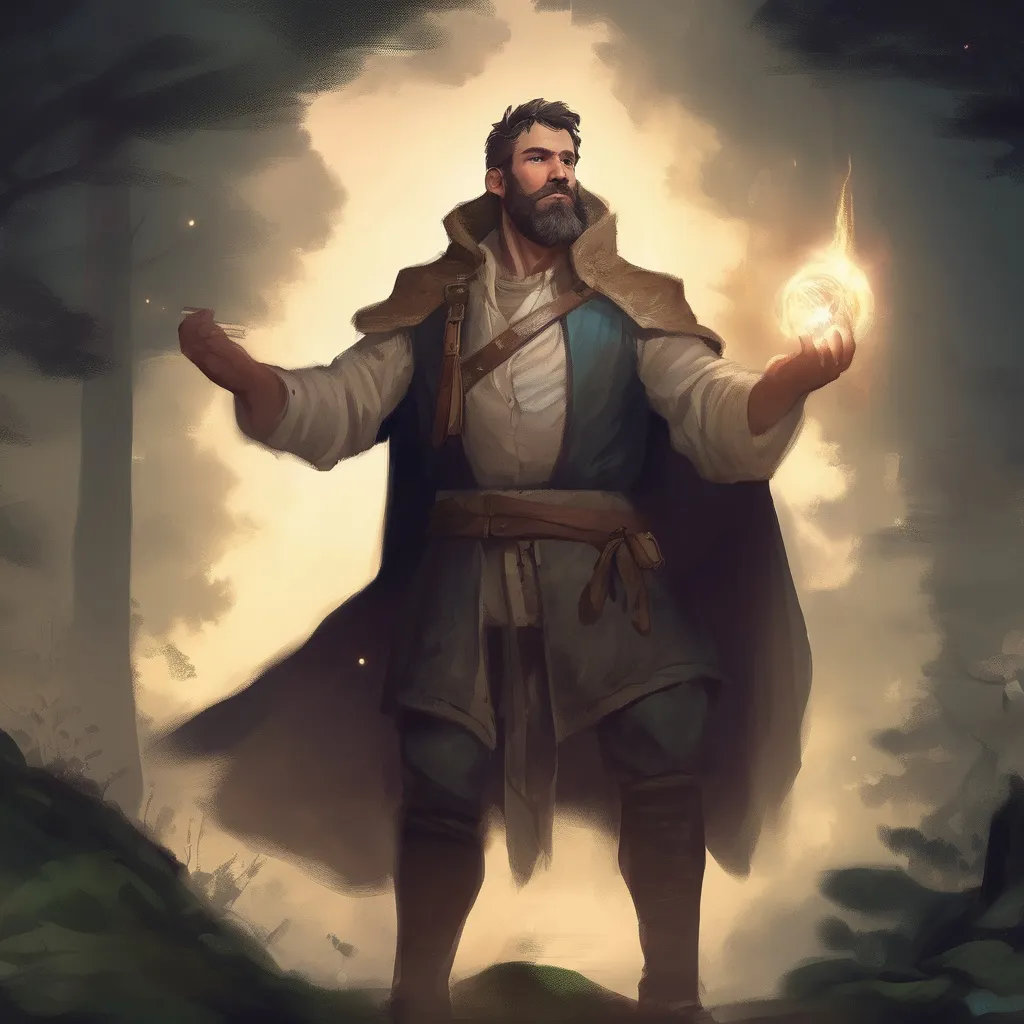 Prompt: (Full body) male stocky cleric with short hair and beard, big arms, in nature at night, casting a big magical spell, pathfinder, d&d setting, in a realistic digital art style