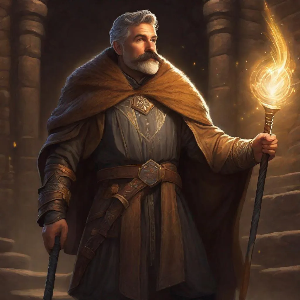 Prompt: (Fullbody) a mature mage manly face, brown-grey short-hair mustache and stubble, robe open chest hairy, heavy belt, brown boots, cloak, pathfinder, dungeons and dragons, exploring an old dungeon in the dark, holding a glowing swirly magic staff, in a painted style, realistic