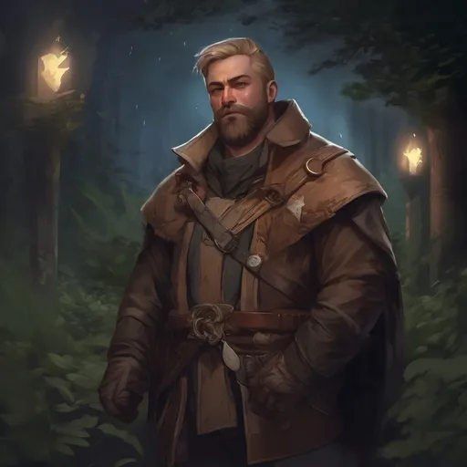 Prompt: (Full body) male stocky big-chested Noble thief with blonde short hair and beard, in nature at night, pathfinder, d&d setting, in a realistic digital art style