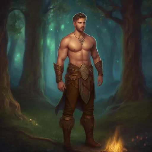 Prompt: (Full body) A male druid no shirt with short cut hair with stubble manly face, pathfinger, magic swirl, holding magic , dungeons and dragons, brown boots, fantasy setting, standing in a forest glade at night, in a painted style realistic art