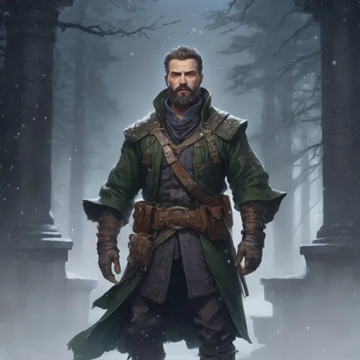 Prompt: Male stocky mature Halbardier, with short hair and beard, standing on an old temple in a forest at night in a blizzard, pathfinder, d&d setting, in a realistic high quality digital art style, enhanced shadow quality, colorful
