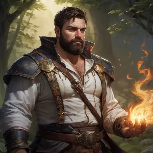 Prompt: Male stocky large fat templar with short-cut hair and beard, open shirt hairy chest, in combat casting a magic-ray out of hands in nature at night, pathfinder, d&d setting, in a realistic high quality digital art style, enhanced shadow quality, colorful
