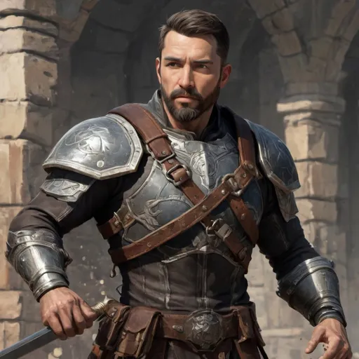 Prompt: (torso) Male heavy-set 38-year old fit ranger with short-cut hair and beard, swinging a magical weapon in combat, in movement, in arena in a castle, pathfinder, d&d setting, enhanced shadow quality