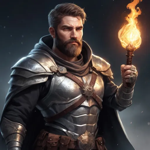 Prompt: (torso) Male stocky mature light-ranger with short-cut hair and beard, on a battlefield at night, in combat, holding a magic weapon, bright aura, pathfinder, d&d setting, in a realistic high quality digital art style, enhanced shadow quality