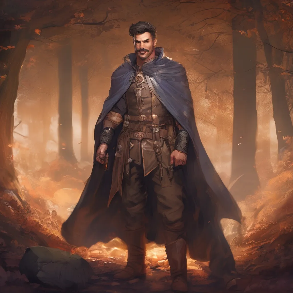 Prompt: (Full body) A male muscular mage with short cut hair with a mustache and stubble manly face, pathfinger, magic swirl, visible chest, leather pants, holding magic, dungeons and dragons, brown boots, fantasy setting, standing in a forest glade at night, in a digital realistic art style