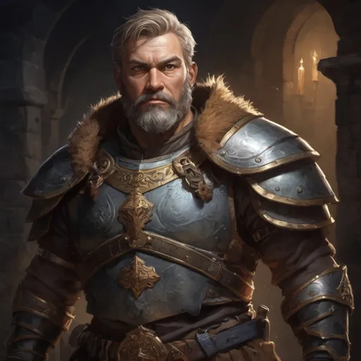 Prompt: Male stocky hairy mature warrior in  a breastplate, with short dark-blonde hair and beard, exploring a dark dungeon, pathfinder, d&d setting, in a realistic high quality digital art style, enhanced shadow quality, colorful