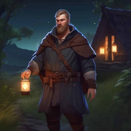 Prompt: (Full body) male stocky norwegian mage with short hair and beard, in nature at night, pathfinder, d&d setting, in a realistic digital art style