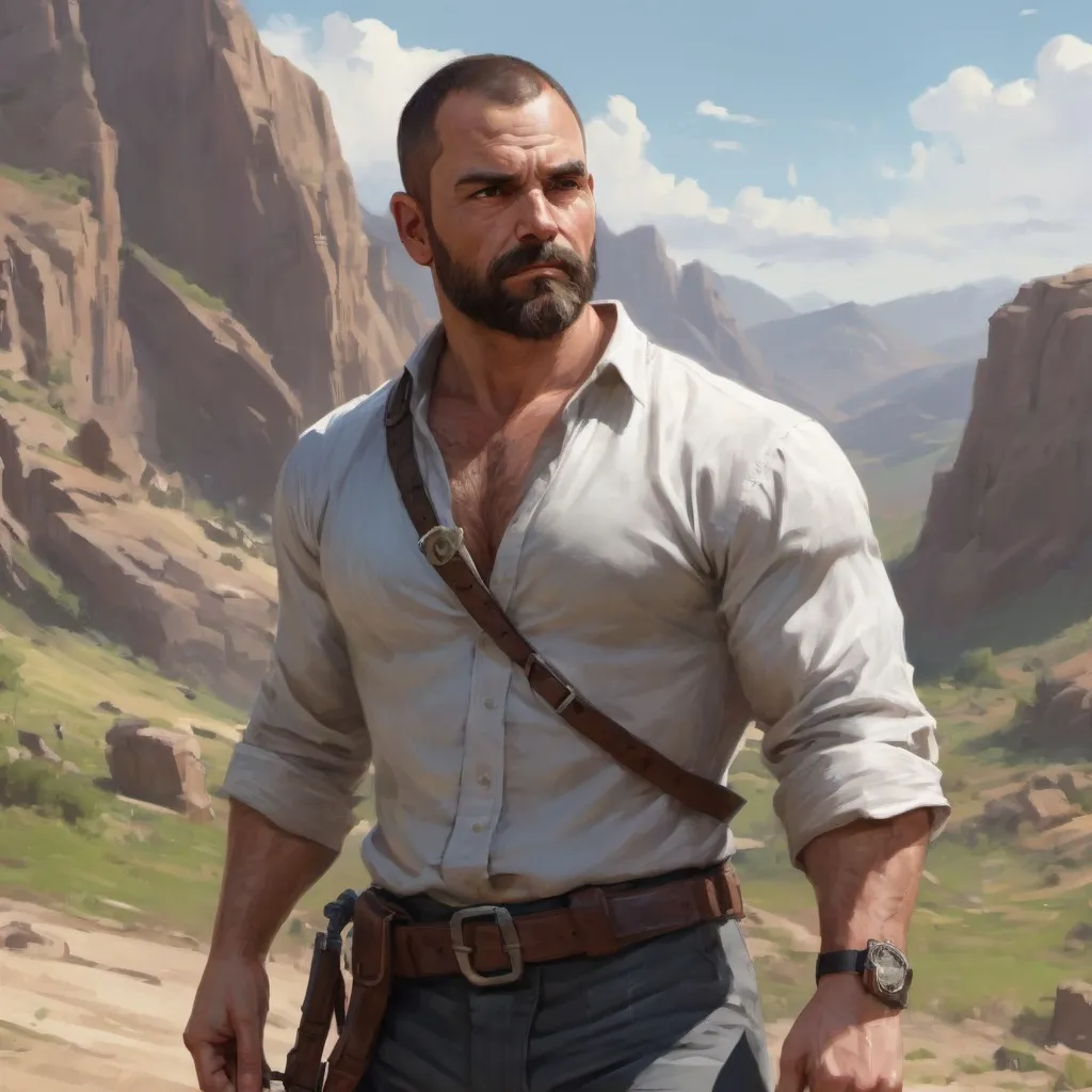 Prompt: (torso) Male stocky large fat beefy 39-year old cavalier with short-cut hair and beard, open shirt hairy chest, in combat holding a weapon hand in a windy valley, pathfinder, d&d setting, in a realistic high quality digital art style, enhanced shadow quality