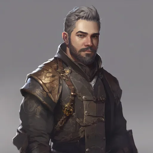 Prompt: (Full body) male stocky young alchemist with grey short-cut hair and beard, in a dark room, pathfinder, d&d setting, in a realistic digital art style