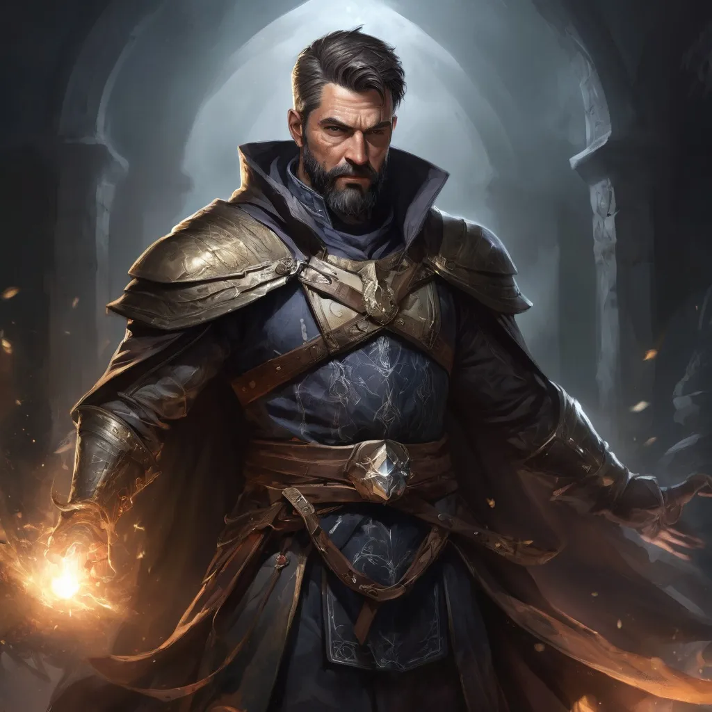 Prompt: Male stocky large mature fit warlock with short-cut hair and beard, engaged in combat casting a magical spell in a dark room, pathfinder, d&d setting, realistic high quality, enhanced shadow quality