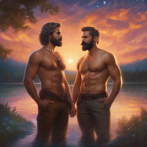 Prompt: (Fullbody) two adult male explorers manly face one with brown short-hair and beard other one with grey short-hair and mustache, both with no shirt and very hairy chest, fantasy setting, swirly magic light in the background, touching and each other, by a lake at nighttime, in a painted style, realistic