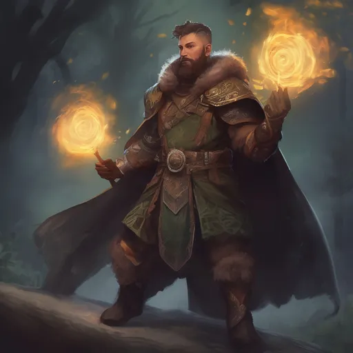 Prompt: (Full body) male stocky druid with short-cut hair and beard, in leather armor, casting a swirly nature-spell, in nature at night pathfinder, d&d setting, in a realistic digital art style