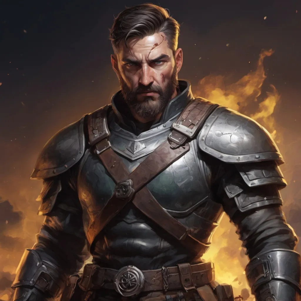 Prompt: (torso) Male stocky mature light-ranger with short-cut hair and beard, on a battlefield at night, in combat, holding a magic weapon, bright aura, pathfinder, d&d setting, in a realistic high quality digital art style, enhanced shadow quality