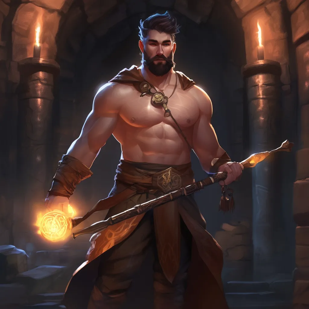 Prompt: (Full body) male stocky arcane-summoner with short-cut hair and beard, holding magic staff with swirly lights, no shirt on, very-hairy chest, in a dark underground dungeon temple, pathfinder, d&d setting, in a realistic digital art style