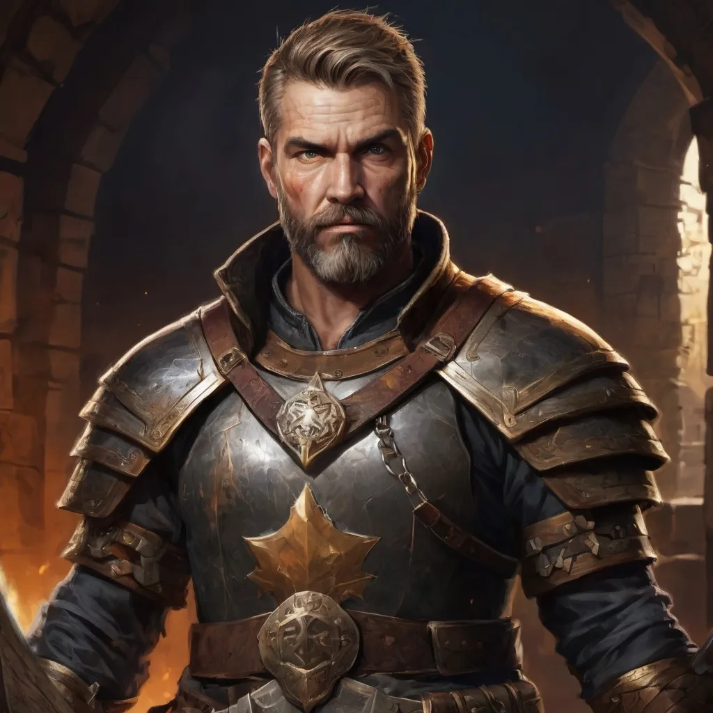 Prompt: Male stocky hairy mature warrior in  a breastplate, with short dark-blonde hair and beard, exploring a dark dungeon, pathfinder, d&d setting, in a realistic high quality digital art style, enhanced shadow quality, colorful