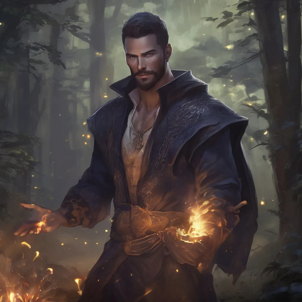 Prompt: (Full body) male handsome muscular summoner, casting a bright summoning spell, in a field by a forest at night, pathfinder, d&d setting, in a realistic high quality digital art style