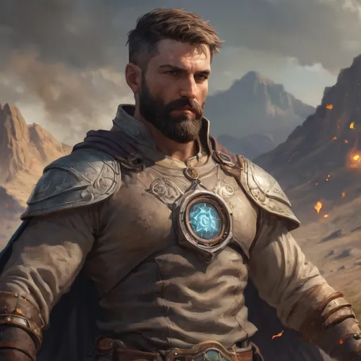 Prompt: (head and torso) Male heavy-set fit hunky arcanist with short-cut hair and beard, holding magic-spell, in a windy battlefield, pathfinder, d&d setting, enhanced shadow quality