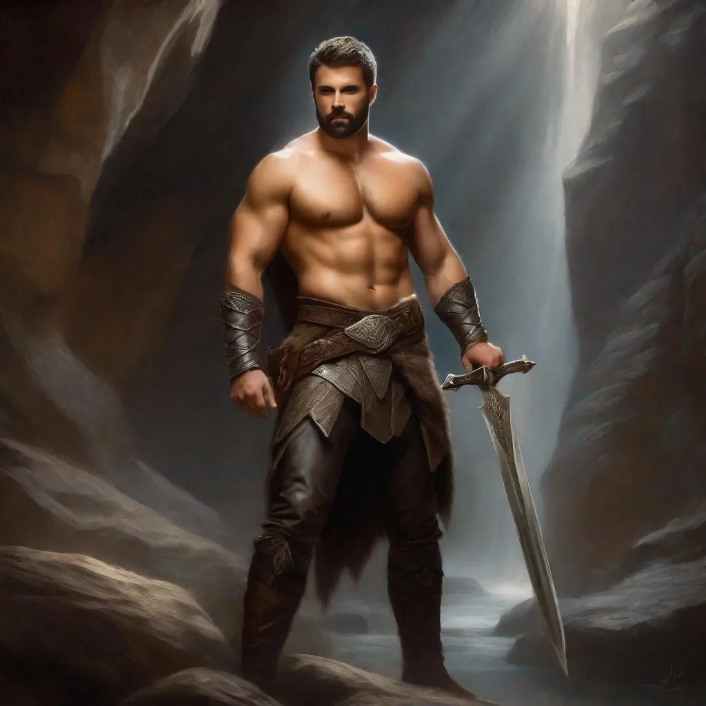 Prompt: (Full body) a warrior with very hairy chest with short beard  grey short-cut hair no shirt on, belt, boots, leather pants, holding a sword, standing in a dark cavern, fantasy setting, dungeons & dragons, in a painted style realistic art