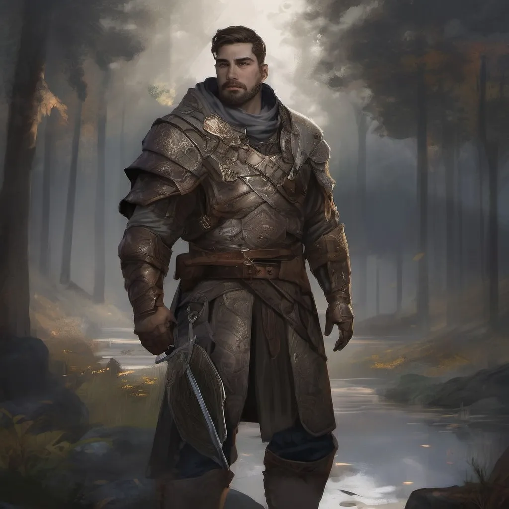 Prompt: (Full body) male stocky young royal noble with short-cut hair and beard, in a dark room, pathfinder, d&d setting, in a realistic digital art style