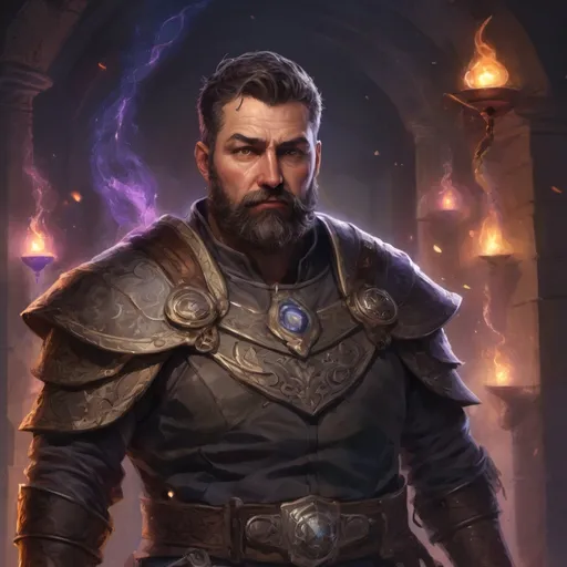 Prompt: (Torso) Male stocky large mature arcanist with short-cut hair and beard, exploring a dark dimention, surrounded by bright magic, pathfinder, d&d setting, enhanced shadow quality, colorful