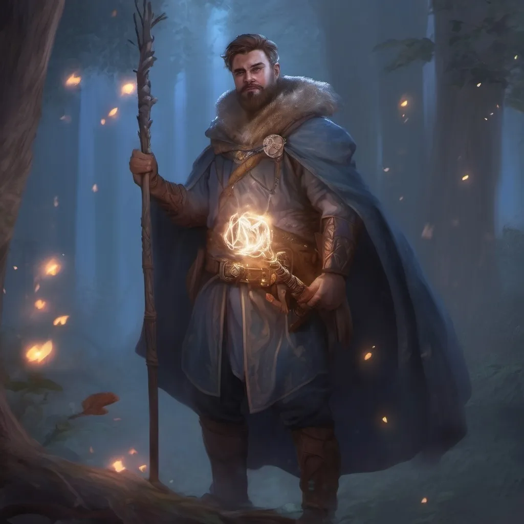 Prompt: (Full body) male stocky druid with short-cut hair and beard, holding magical tree staff, in a forest at night, leaf-shoulderguards, cloak, heavy belt, pathfinder, d&d setting, in a realistic digital art style