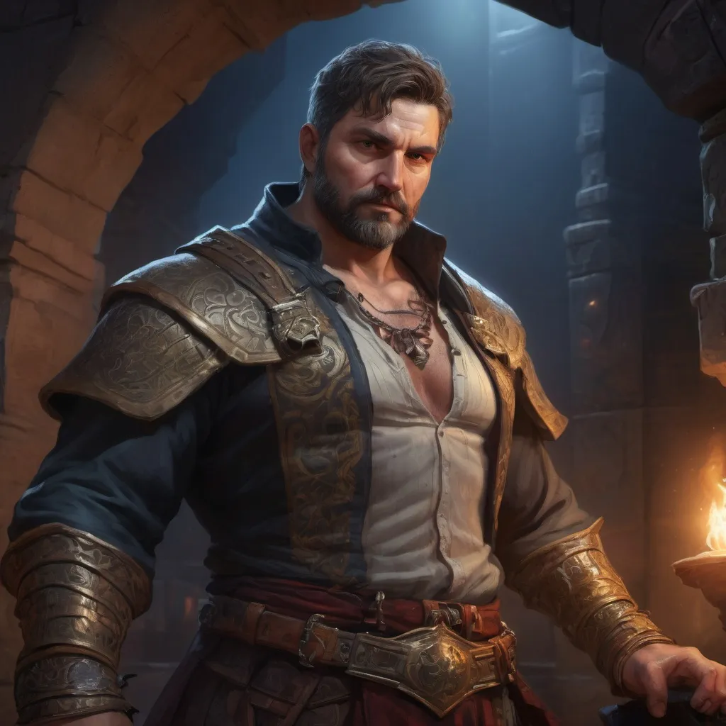 Prompt: (torso) Male stocky mature fat rogue with short-cut hair and beard, hairy chest open shirt, inside of a magical temple dungeon at night, pathfinder, d&d setting, in a realistic high quality digital art style, enhanced shadow quality
